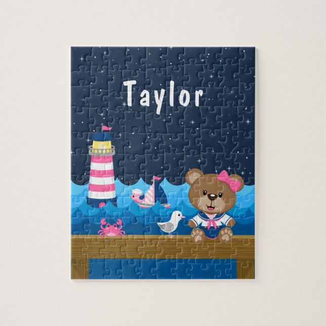 Nautical Girl Bear Pink and Navy Jigsaw Puzzle (Vertical)