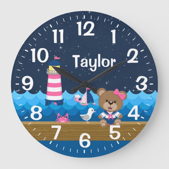 Nautical Girl Bear Pink and Navy Large Clock (Front)