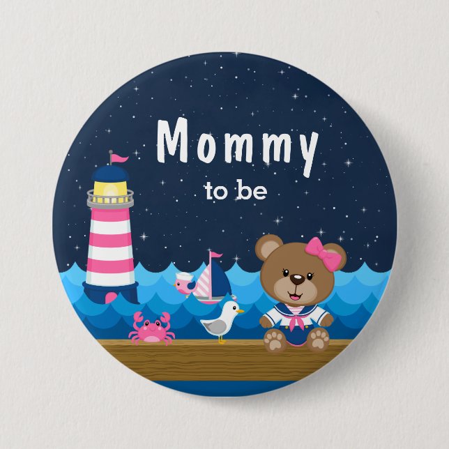 Nautical Girl Bear Pink and Navy Mommy To Be Button (Front)