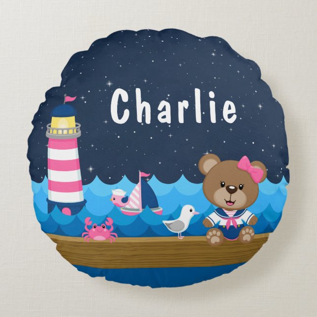 Nautical Girl Bear Pink and Navy Round Pillow (Front)