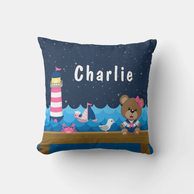 Nautical Girl Bear Pink and Navy Throw Pillow (Front)