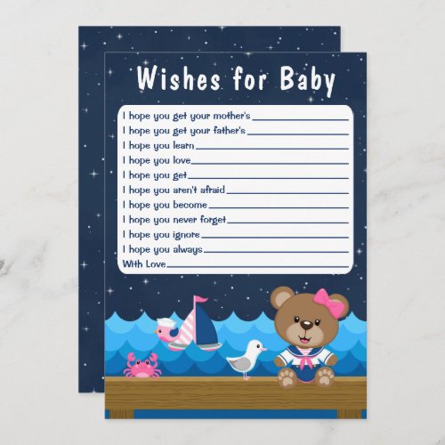 Nautical Girl Bear Pink and Navy Wishes For Baby Invitation