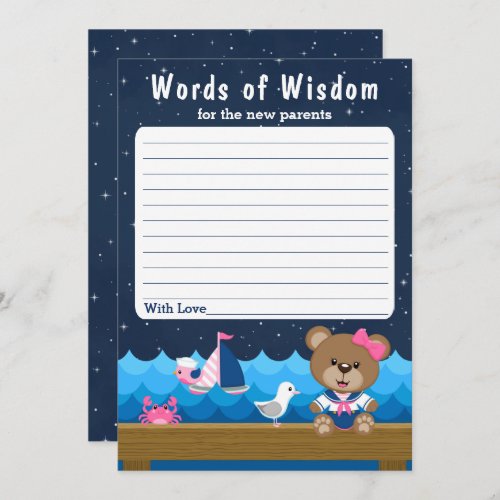 Nautical Girl Bear Pink and Navy Words of Wisdom Invitation