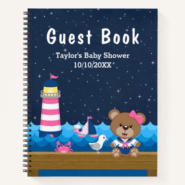 Nautical Girl Bear Pink Baby Shower Guest Book (Front)
