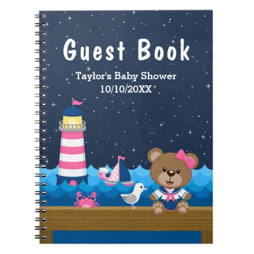 Nautical Girl Bear Pink Baby Shower Guest Book