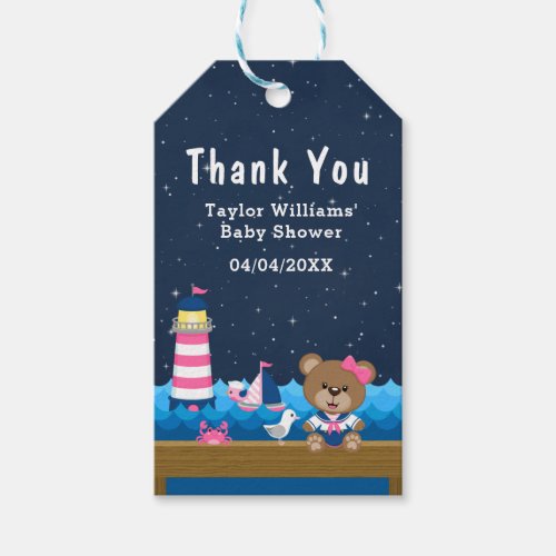 Nautical Girl Bear Pink Baby Shower Thank You Gift Tags