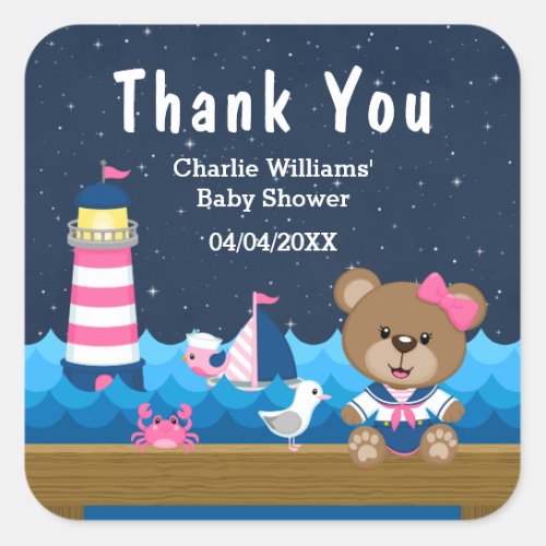 Nautical Girl Bear Pink Baby Shower Thank You Square Sticker