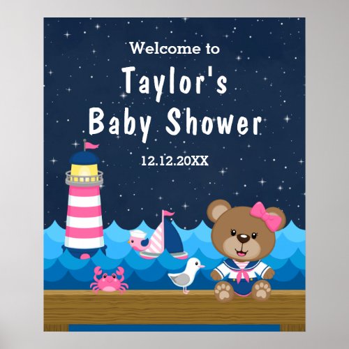 Nautical Girl Bear Pink Navy Baby Shower Welcome Poster