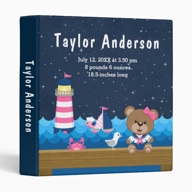 Nautical Girl Bear Pink Navy Birth Statistics 3 Ring Binder (Front/Spine)