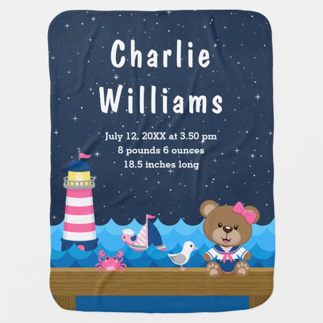 Nautical Girl Bear Pink Navy Birth Statistics Baby Blanket (Front)