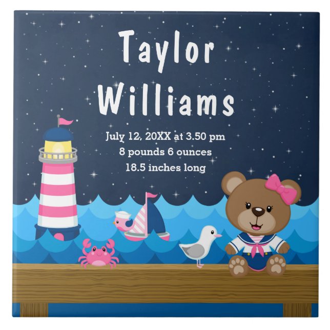 Nautical Girl Bear Pink Navy Birth Statistics Ceramic Tile (Front)