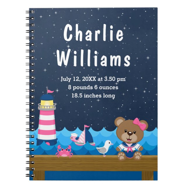 Nautical Girl Bear Pink Navy Birth Statistics Notebook (Front)