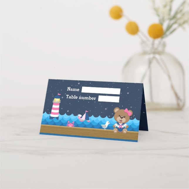 Nautical Girl Bear Pink Navy Birthday Seating Place Card (Front)