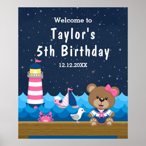 Nautical Girl Bear Pink Navy Birthday Welcome Poster