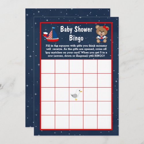 Nautical Girl Bear Red and Navy Baby Bingo Invitation