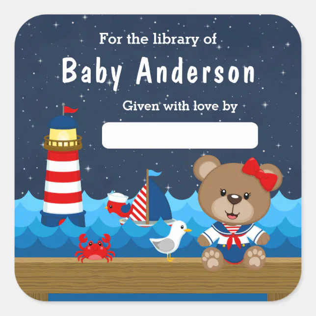 Nautical Girl Bear Red and Navy Baby Bookplate Zazzle
