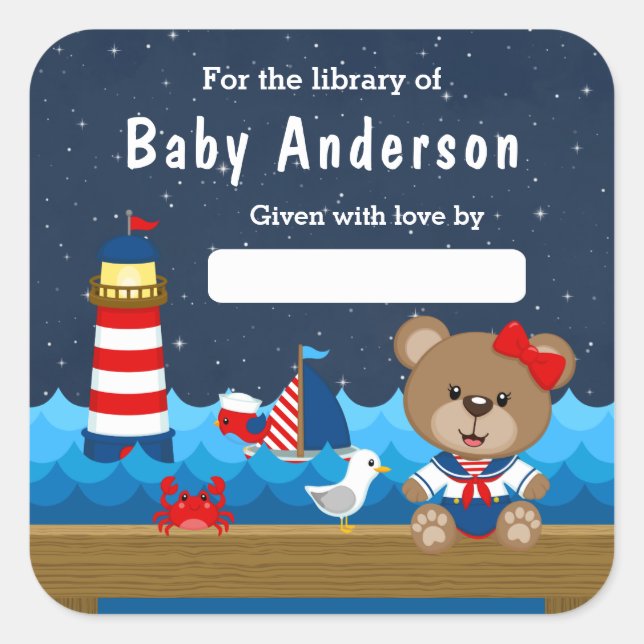 Nautical Girl Bear Red and Navy Baby Bookplate (Front)