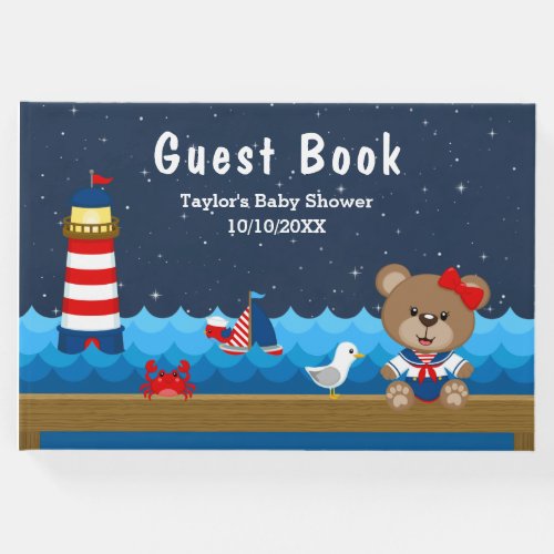 Nautical Girl Bear Red and Navy Baby Shower Guest Book