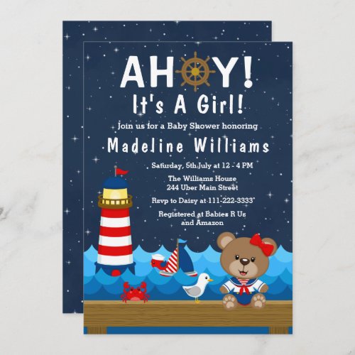 Nautical Girl Bear Red and Navy Baby Shower Invitation