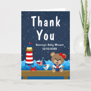 Nautical Girl Bear Red and Navy Baby Shower Letterpress Thank You Card