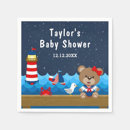 Nautical Girl Bear Red and Navy Baby Shower Napkins