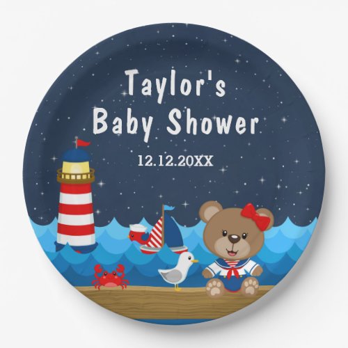 Nautical Girl Bear Red and Navy Baby Shower Paper Plates