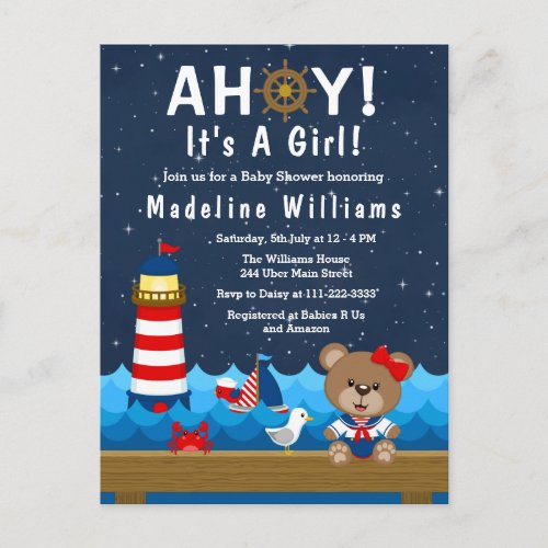 Nautical Girl Bear Red and Navy Baby Shower Postcard