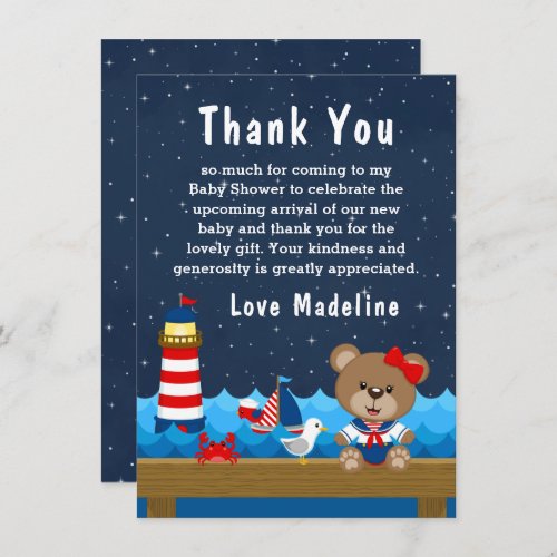 Nautical Girl Bear Red and Navy Baby Shower Thank You Card