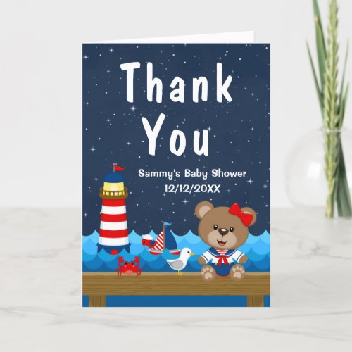 Nautical Girl Bear Red and Navy Baby Shower Thank You Card