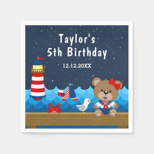 Nautical Girl Bear Red and Navy Birthday Party Napkins