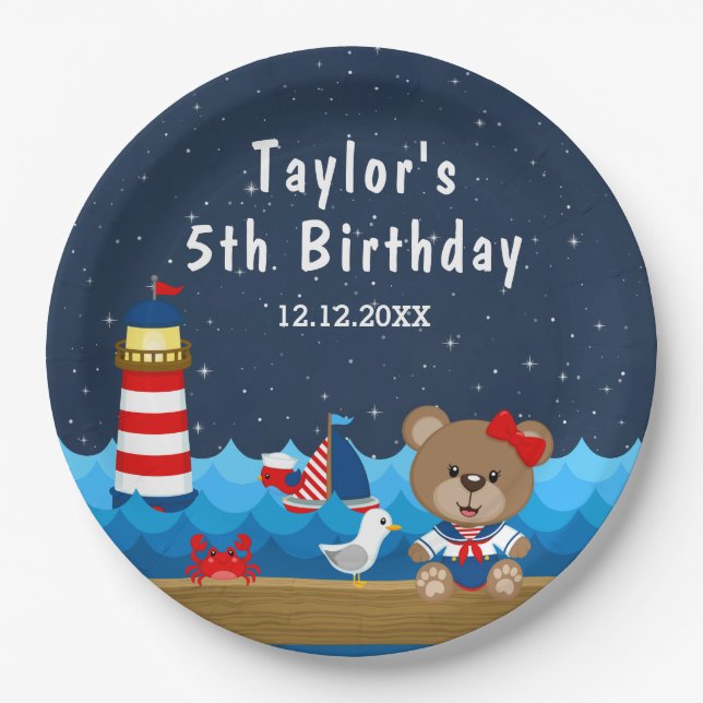 Nautical Girl Bear Red and Navy Birthday Party Paper Plates (Front)