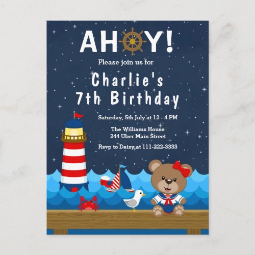 Nautical Girl Bear Red and Navy Birthday Party Postcard