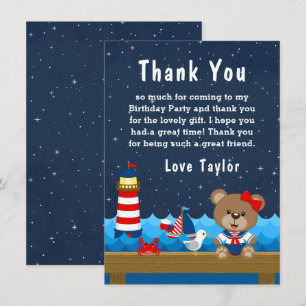 Nautical Girl Bear Red and Navy Birthday Party Thank You Card