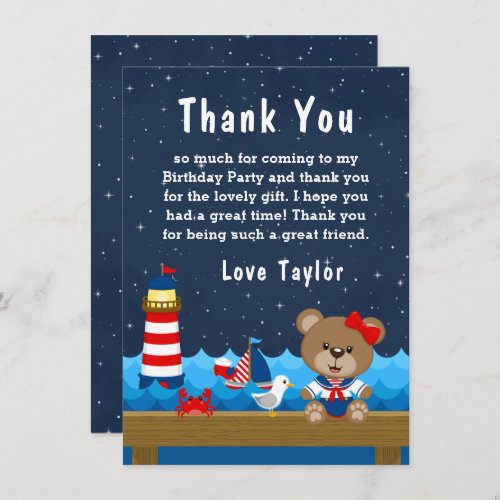 Nautical Girl Bear Red and Navy Birthday Party Thank You Card