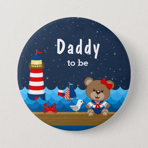 Nautical Girl Bear Red and Navy Daddy To Be Button