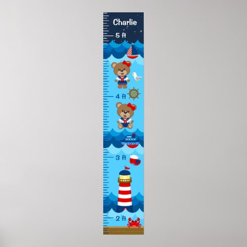 Nautical Girl Bear Red and Navy Growth Chart