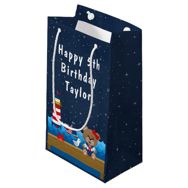 Nautical Girl Bear Red and Navy Happy Birthday Small Gift Bag (Front Angled)