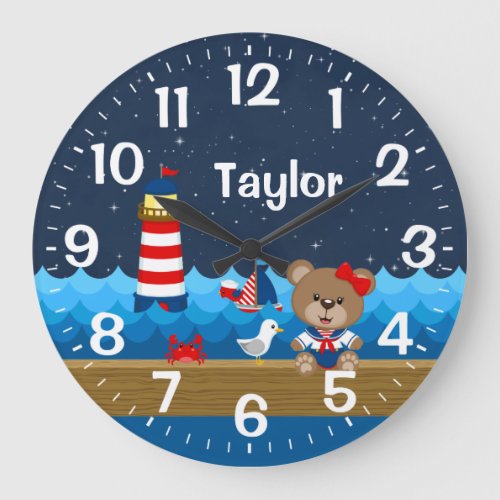 Nautical Girl Bear Red and Navy Large Clock