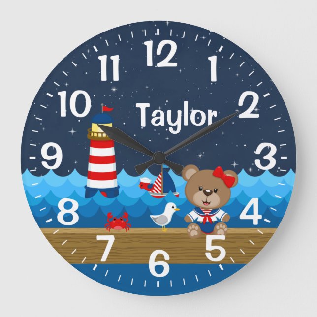 Nautical Girl Bear Red and Navy Large Clock (Front)