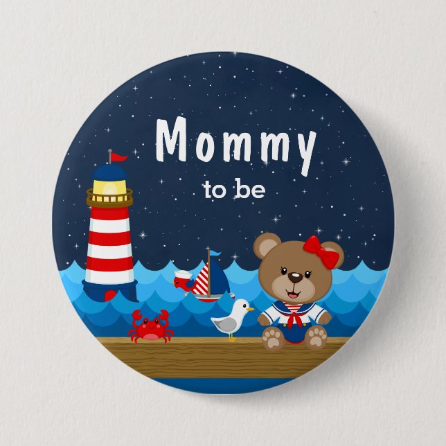 Nautical Girl Bear Red and Navy Mommy To Be Button (Front)