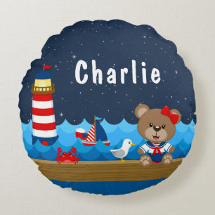 Nautical Girl Bear Red and Navy Round Pillow