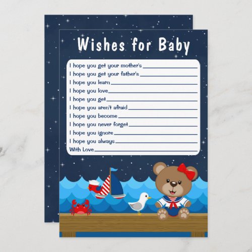 Nautical Girl Bear Red and Navy Wishes For Baby Invitation