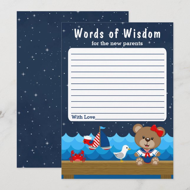 Nautical Girl Bear Red and Navy Words of Wisdom Invitation (Front/Back)