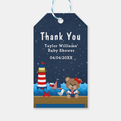 Nautical Girl Bear Red Baby Shower Thank You Gift Tags