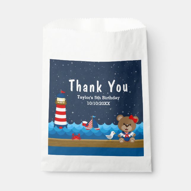 Nautical Girl Bear Red Birthday Party Thank You Favor Bag (Front)