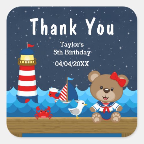 Nautical Girl Bear Red Birthday Party Thank You Square Sticker