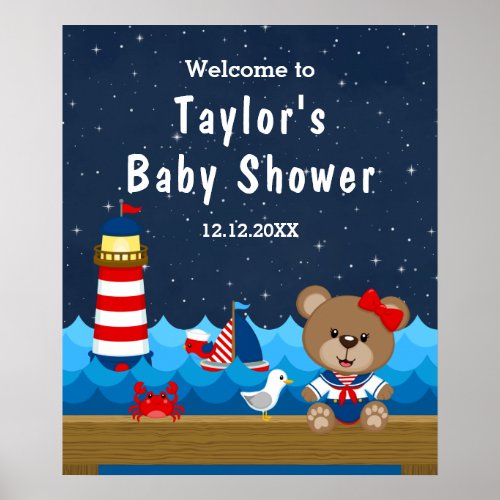 Nautical Girl Bear Red Navy Baby Shower Welcome Poster