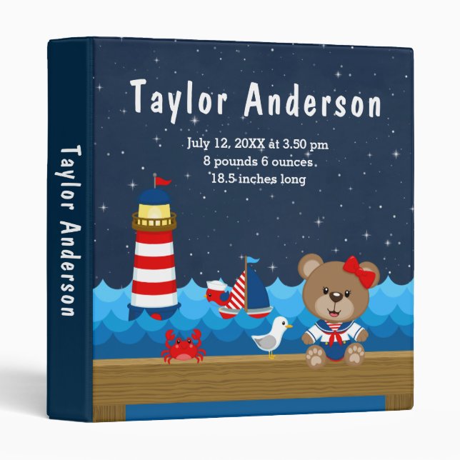 Nautical Girl Bear Red Navy Birth Statistics 3 Ring Binder (Front/Spine)
