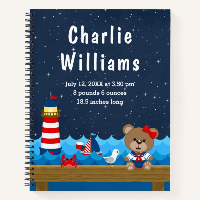 Nautical Girl Bear Red Navy Birth Statistics Notebook (Front)