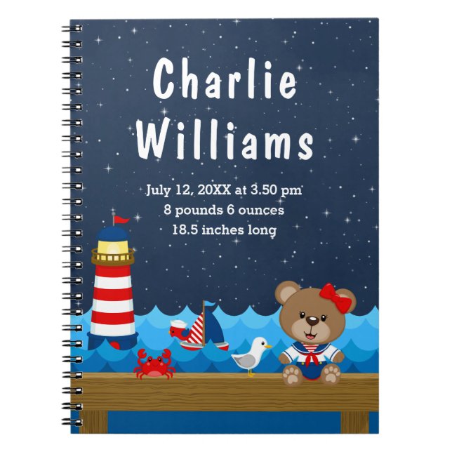 Nautical Girl Bear Red Navy Birth Statistics Notebook (Front)
